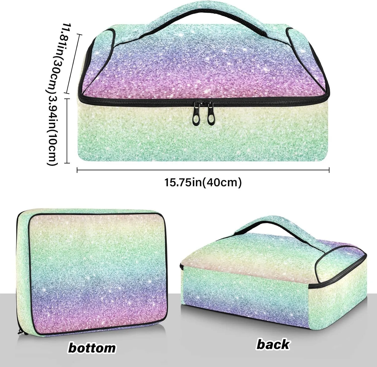 Rainbow Multi-colored Glitter and Glare Pattern Reusable Insulated Pizza Bag, Waterproof Food Delivery Bag, with Handle Lid Leakproof Pizza Holder Tote for Hot or Cold Food