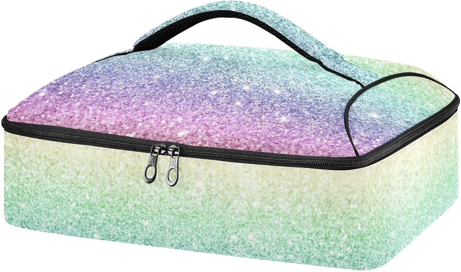 Rainbow Multi-colored Glitter and Glare Pattern Reusable Insulated Pizza Bag, Waterproof Food Delivery Bag, with Handle Lid Leakproof Pizza Holder Tote for Hot or Cold Food