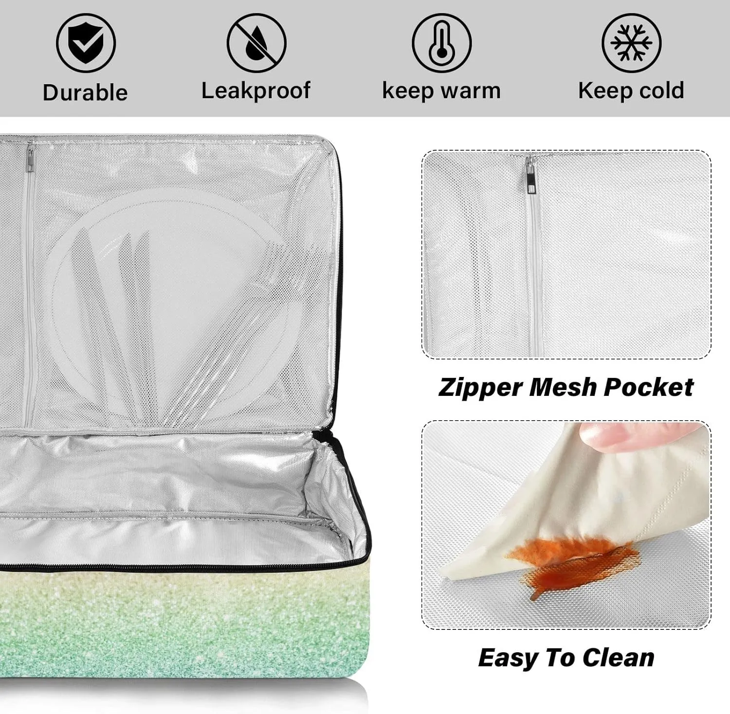 Rainbow Multi-colored Glitter and Glare Pattern Reusable Insulated Pizza Bag, Waterproof Food Delivery Bag, with Handle Lid Leakproof Pizza Holder Tote for Hot or Cold Food