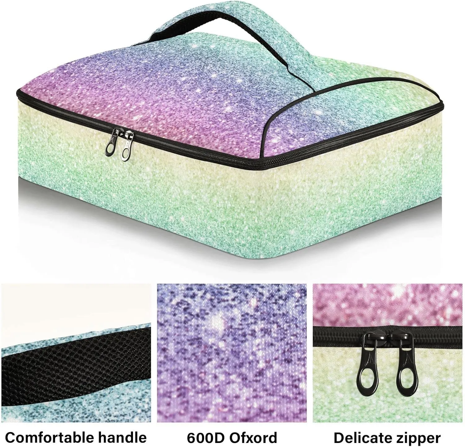 Rainbow Multi-colored Glitter and Glare Pattern Reusable Insulated Pizza Bag, Waterproof Food Delivery Bag, with Handle Lid Leakproof Pizza Holder Tote for Hot or Cold Food