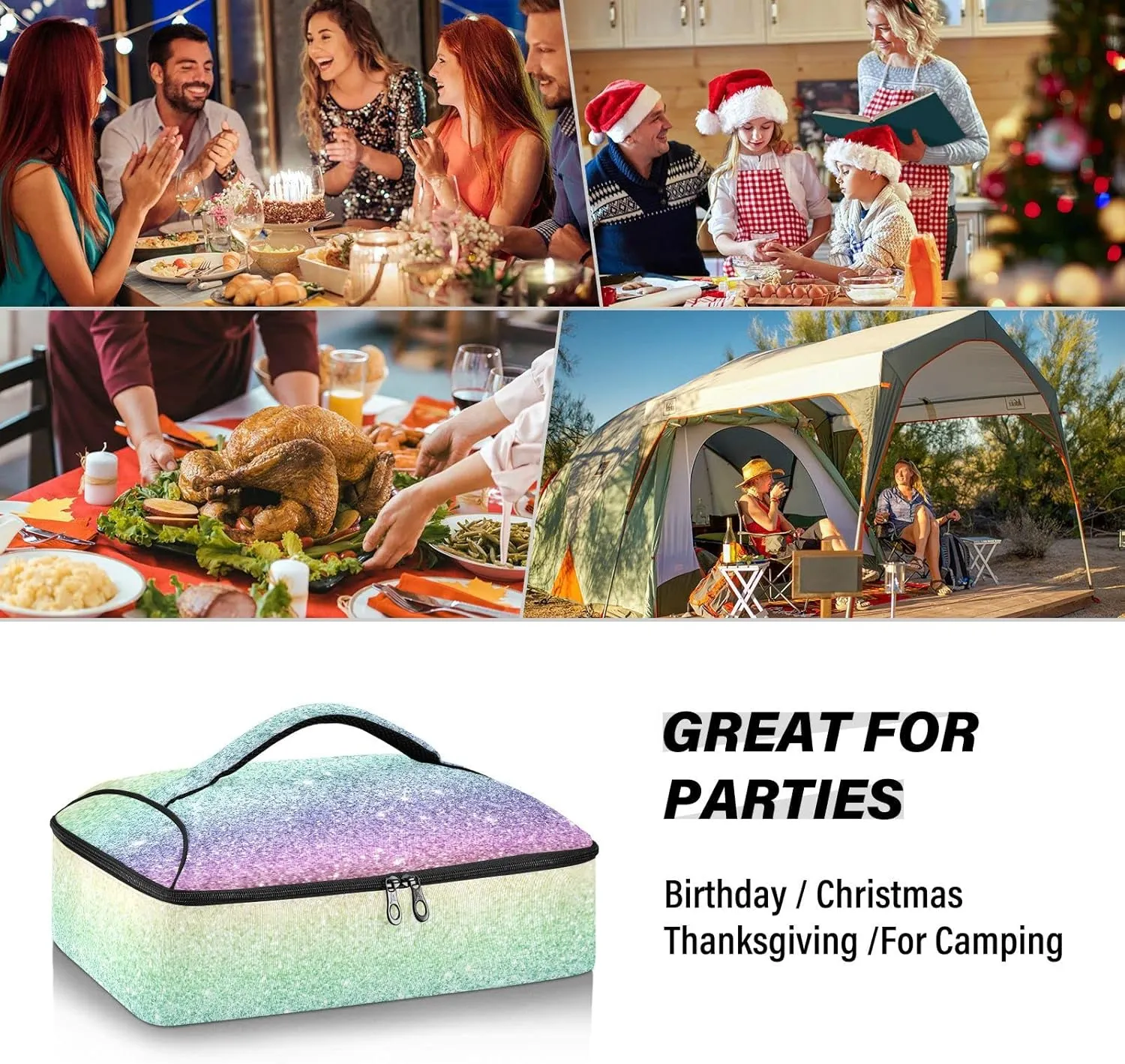 Rainbow Multi-colored Glitter and Glare Pattern Reusable Insulated Pizza Bag, Waterproof Food Delivery Bag, with Handle Lid Leakproof Pizza Holder Tote for Hot or Cold Food