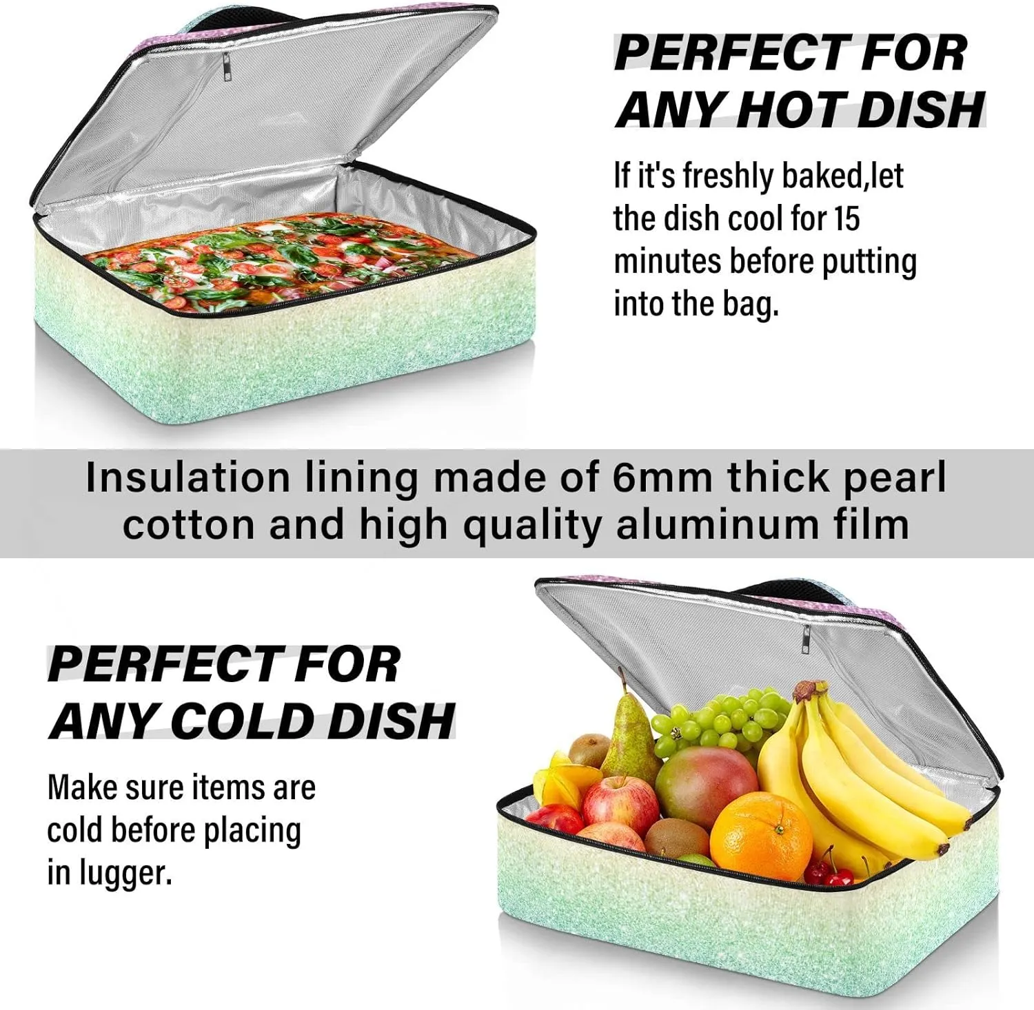 Rainbow Multi-colored Glitter and Glare Pattern Reusable Insulated Pizza Bag, Waterproof Food Delivery Bag, with Handle Lid Leakproof Pizza Holder Tote for Hot or Cold Food