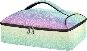 Rainbow Multi-colored Glitter and Glare Pattern Reusable Insulated Pizza Bag, Waterproof Food Delivery Bag, with Handle Lid Leakproof Pizza Holder Tote for Hot or Cold Food