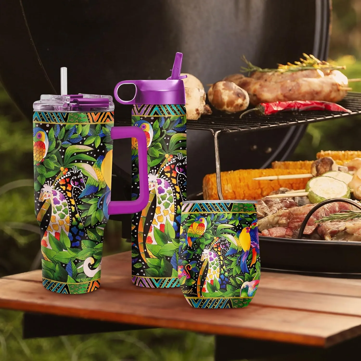 RainCaper 18/8 Stainless Steel Insulated Stemless Wine Tumbler | 12oz, BPA-Free, Double Wall for Hot & Cold | Travel-Friendly, Cup Holder Ready (Laurel Burch Jungle Song)