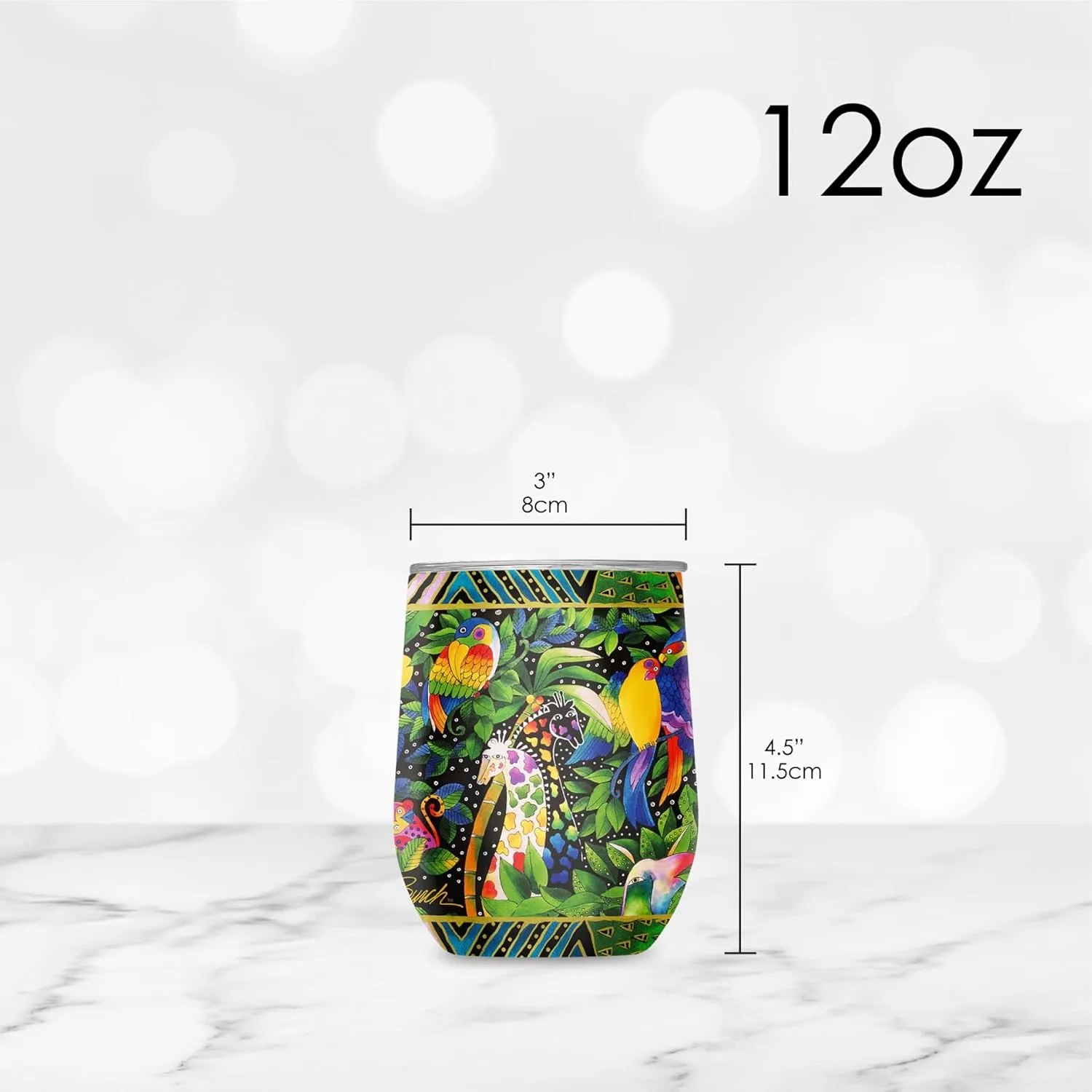 RainCaper 18/8 Stainless Steel Insulated Stemless Wine Tumbler | 12oz, BPA-Free, Double Wall for Hot & Cold | Travel-Friendly, Cup Holder Ready (Laurel Burch Jungle Song)