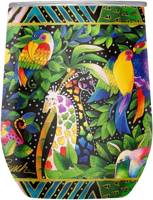 RainCaper 18/8 Stainless Steel Insulated Stemless Wine Tumbler | 12oz, BPA-Free, Double Wall for Hot & Cold | Travel-Friendly, Cup Holder Ready (Laurel Burch Jungle Song)