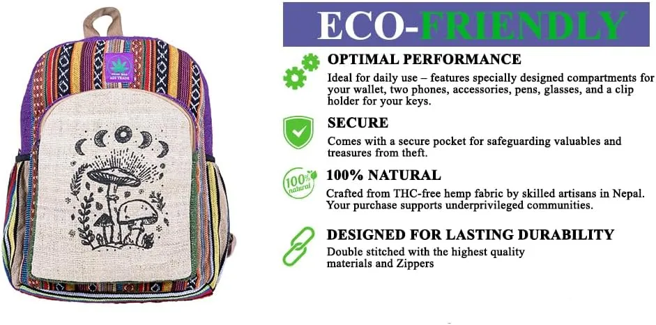 RARA Natural Handmade-Unique design Hemp Hippie backpack, very popular in FAIR TRADE Beautiful light weight backpack for college Adults. (Magic mushroom), Medium