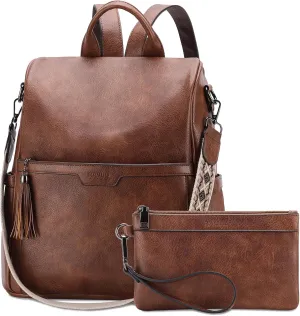 RAVUO Anti Theft Backpack Purse for Women, Fashion Vegen Leather Bag Handbag for Lady with Wallet Purse and Guitar Shoulder Strap,Brown
