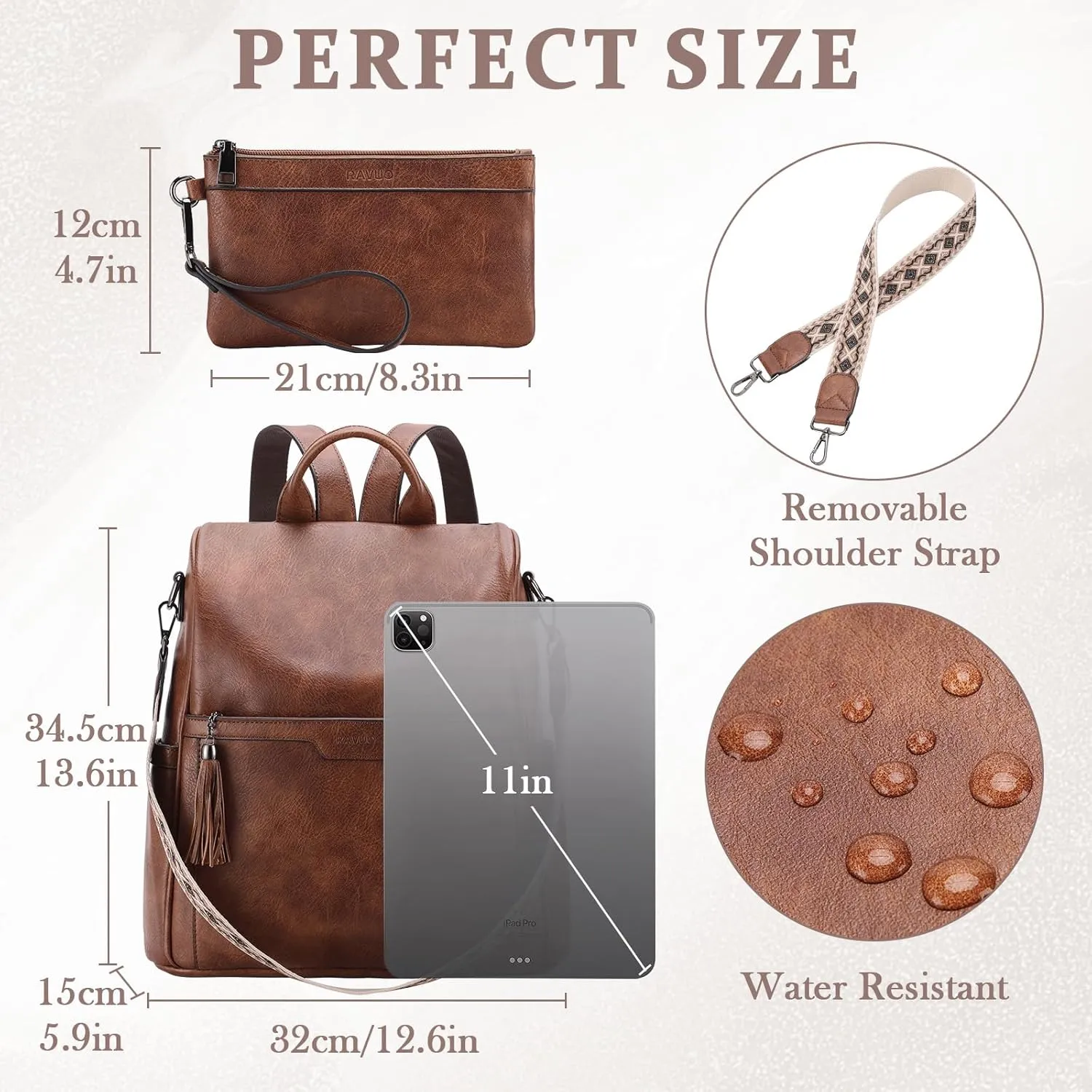 RAVUO Anti Theft Backpack Purse for Women, Fashion Vegen Leather Bag Handbag for Lady with Wallet Purse and Guitar Shoulder Strap,Brown