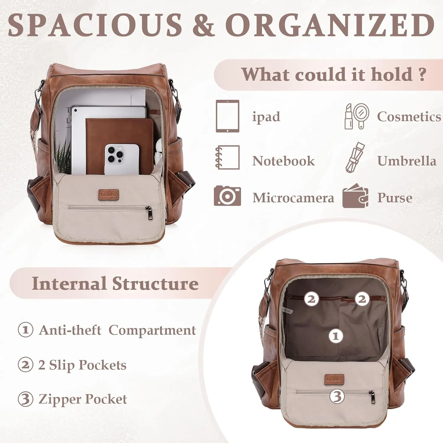 RAVUO Anti Theft Backpack Purse for Women, Fashion Vegen Leather Bag Handbag for Lady with Wallet Purse and Guitar Shoulder Strap,Brown