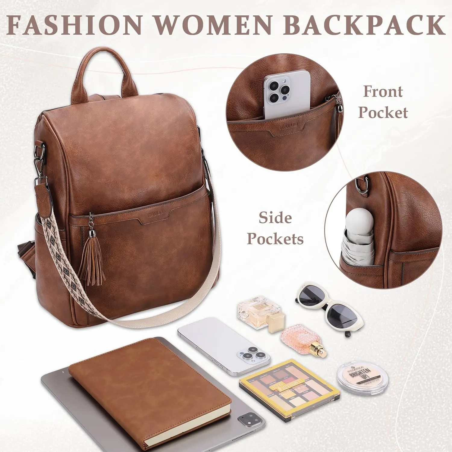 RAVUO Anti Theft Backpack Purse for Women, Fashion Vegen Leather Bag Handbag for Lady with Wallet Purse and Guitar Shoulder Strap,Brown