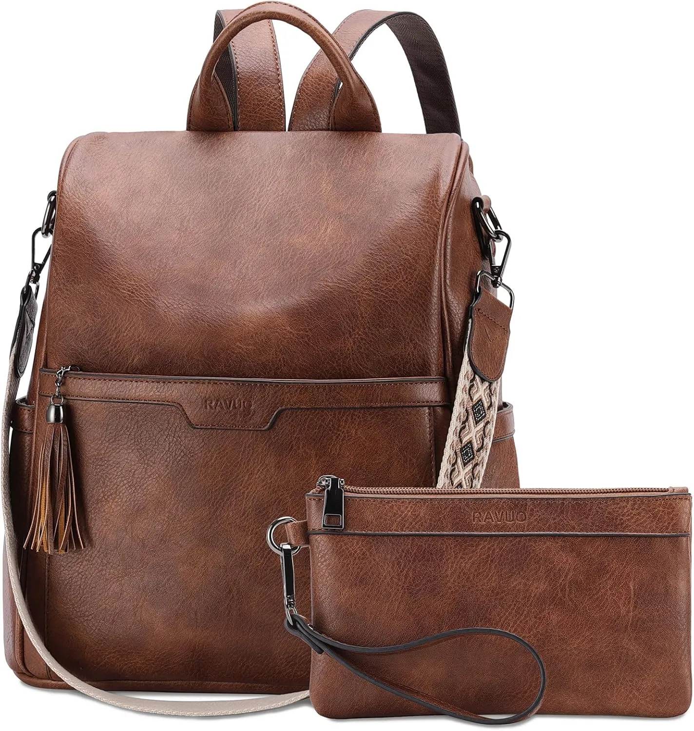 RAVUO Anti Theft Backpack Purse for Women, Fashion Vegen Leather Bag Handbag for Lady with Wallet Purse and Guitar Shoulder Strap,Brown