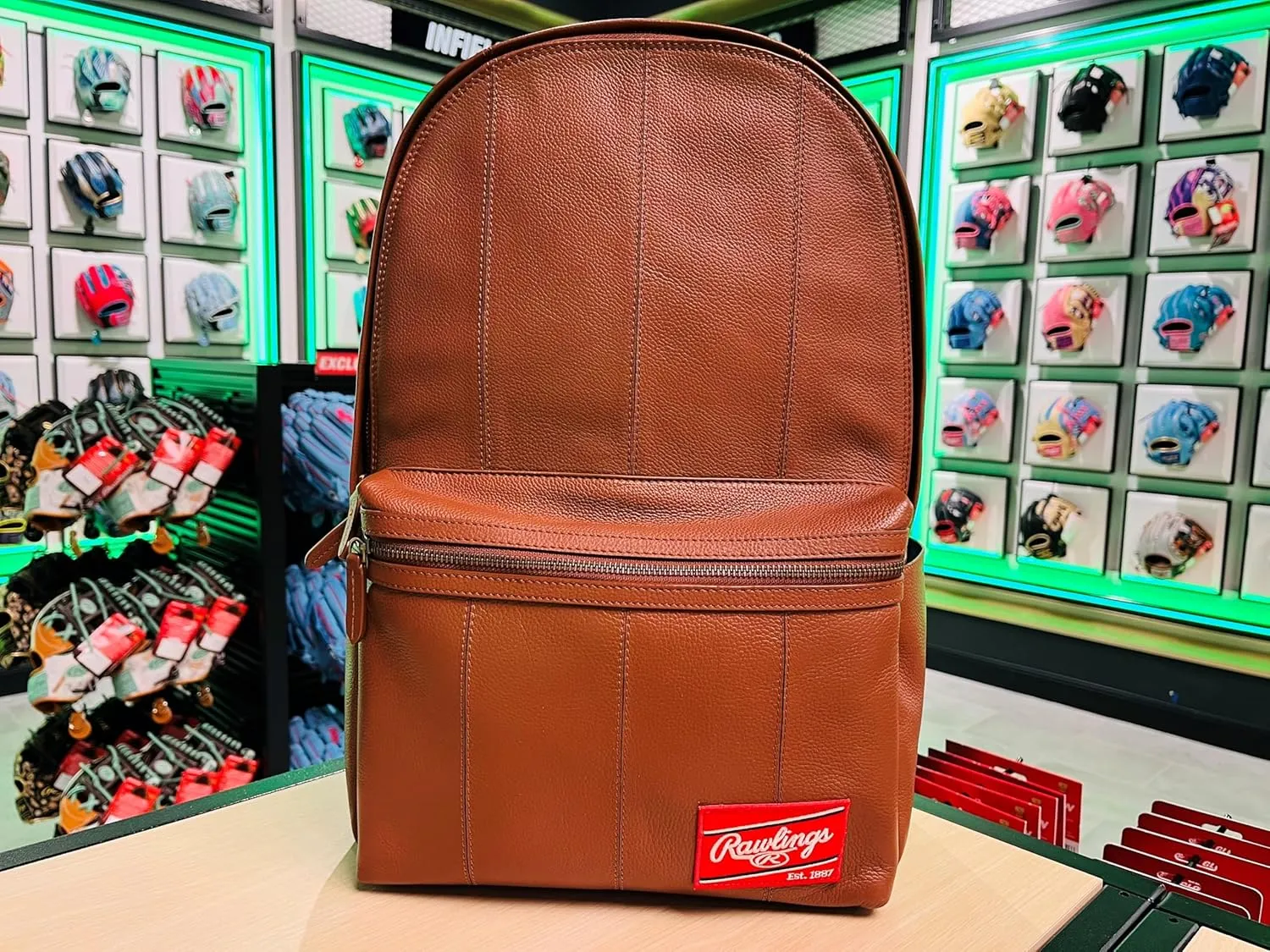 Rawlings Men's Leather Backpack Collection Strike Out, Tan, 5" x 12" x 17.5"