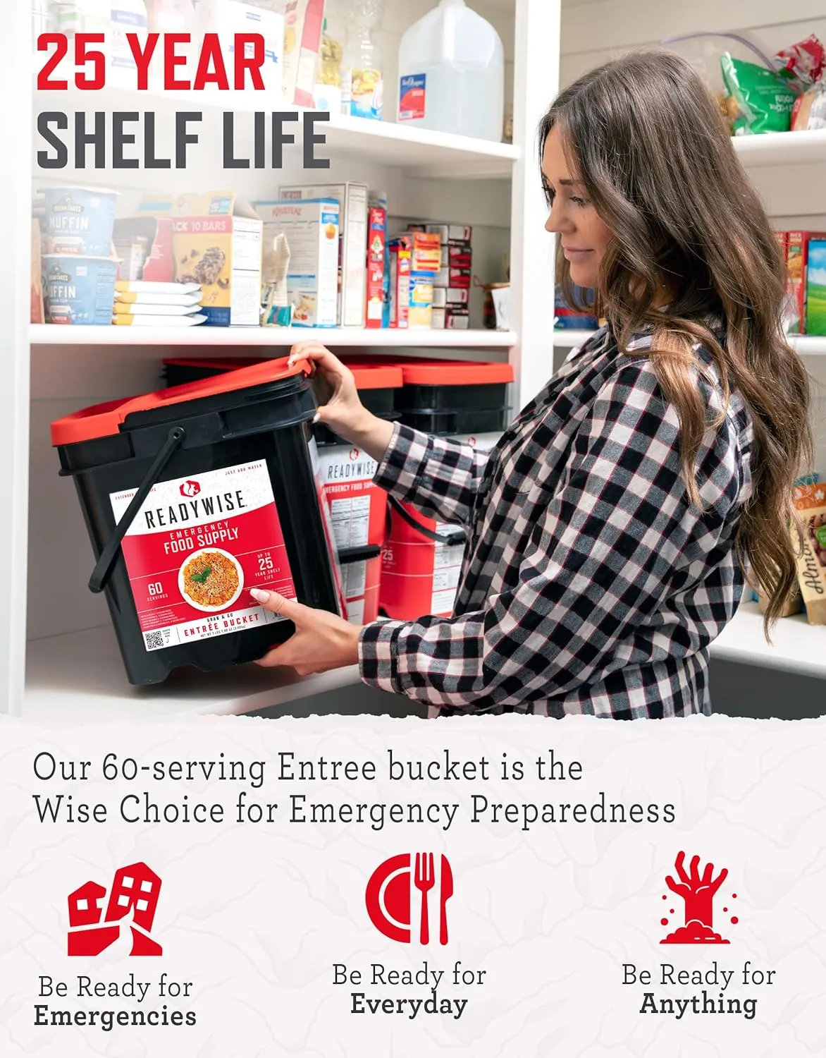 READYWISE - Entrée Grab & Go Bucket, 60 Servings, Emergency, MRE Supply, Premade, Freeze Dried Survival Food for Hiking, Adventure & Camping Essentials, Individually Packaged, 25 Year Shelf Life