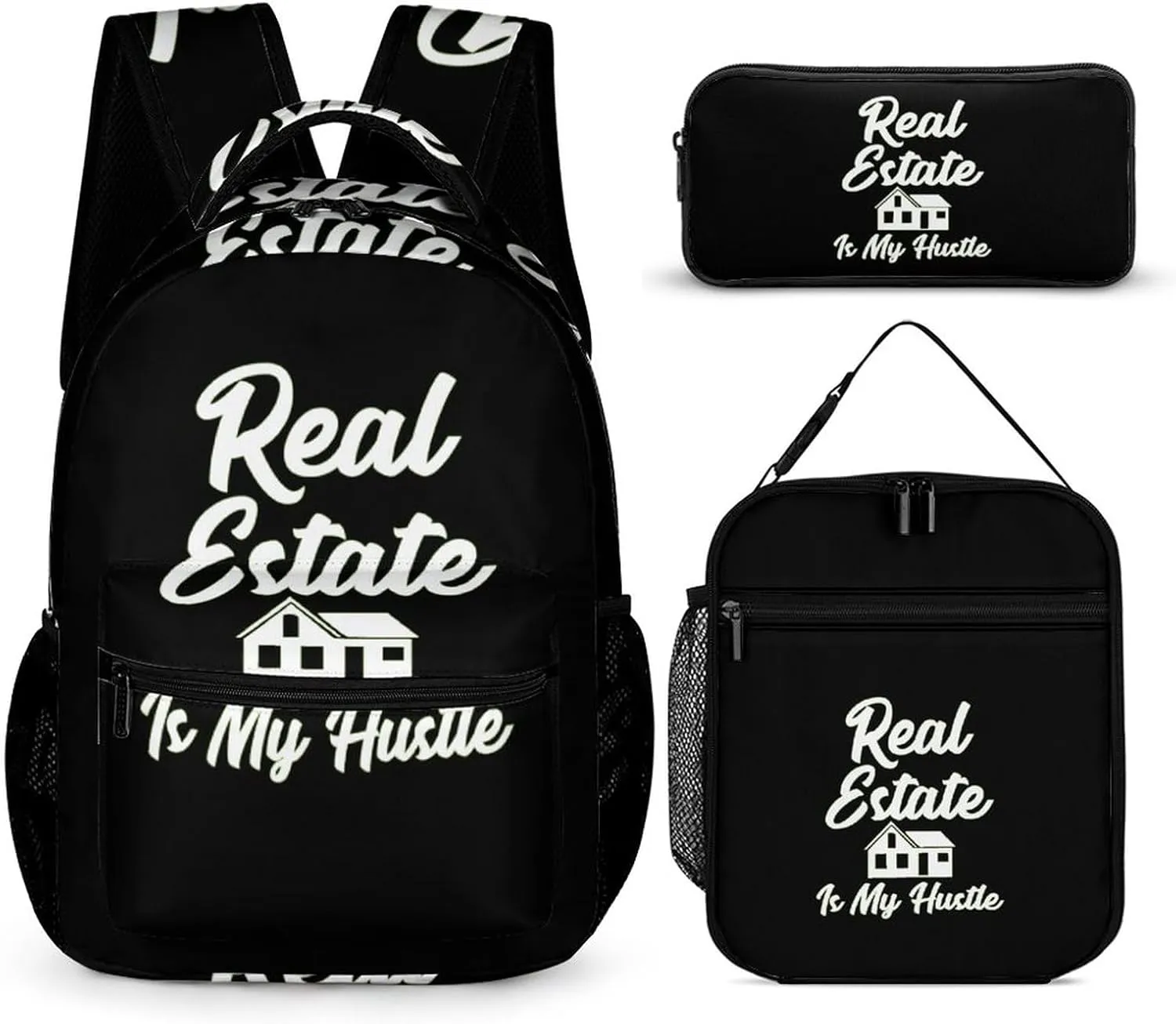 Real Estate is My Hustle Unisex 3 Pcs Backpack Set Stylish 16" Travel Backpack with Lunch Bag & Pencil Case