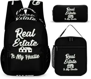 Real Estate is My Hustle Unisex 3 Pcs Backpack Set Stylish 16" Travel Backpack with Lunch Bag & Pencil Case