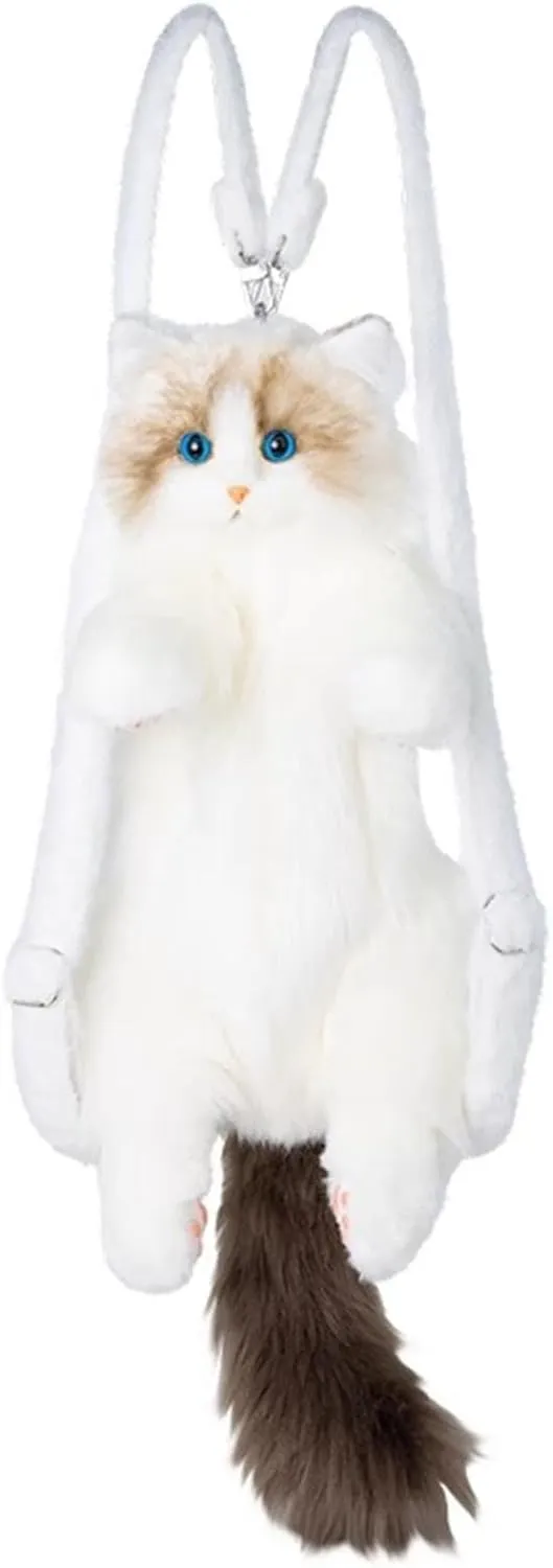 Realistic Ragdoll Cat Shaped Bag, Stuffed Animals Backpack, Lifelike Stuffed Cat Plush Backpack Toy, Cute Cat Shaped Bag, Idea Birthday Gift for Women, Girls, Adults, Kids, Cat Lover