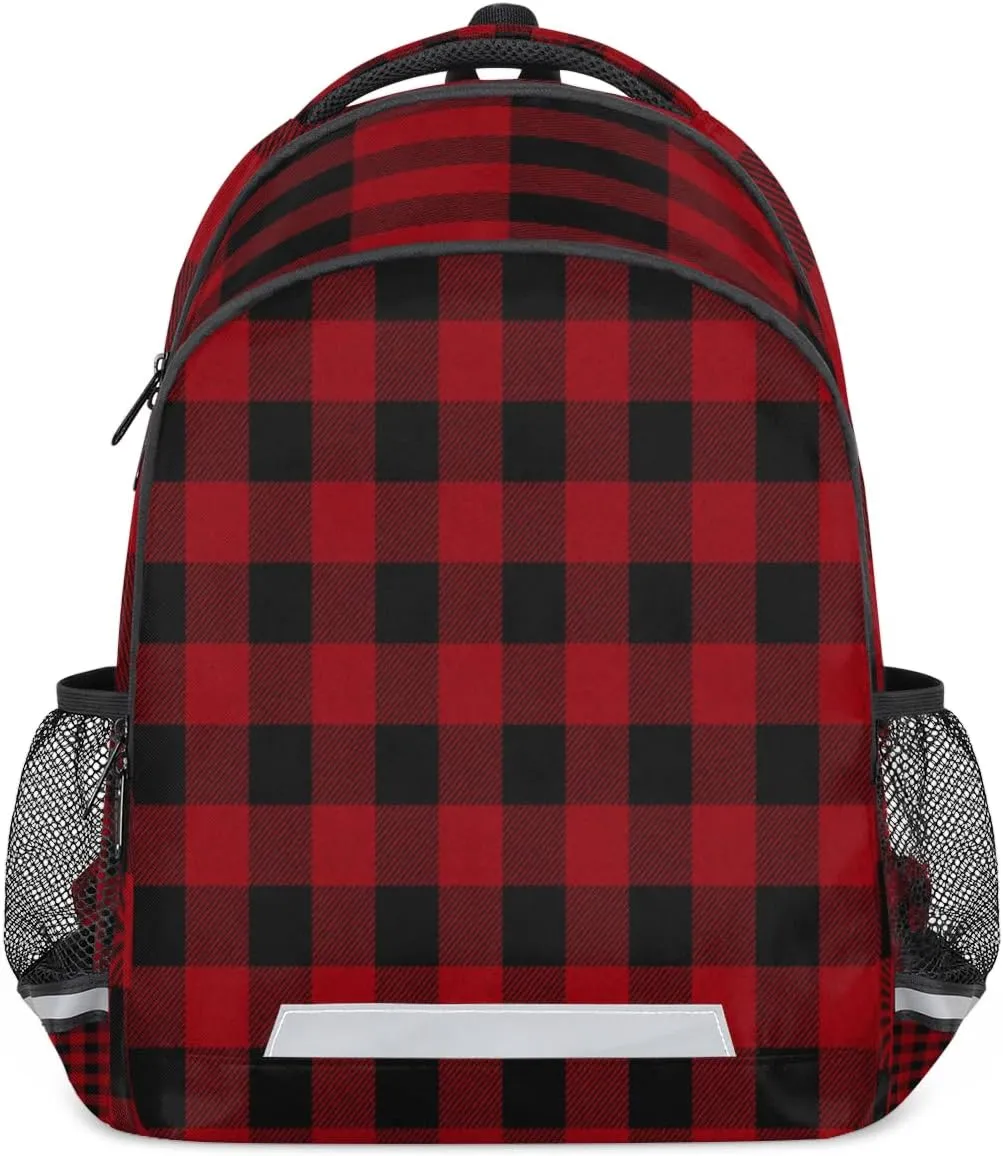 Red Black Plaid Backpack Buffalo Plaid Lightweight Backpack with Reflective Strip Travel Bag Casual Daypack Laptop Backpack
