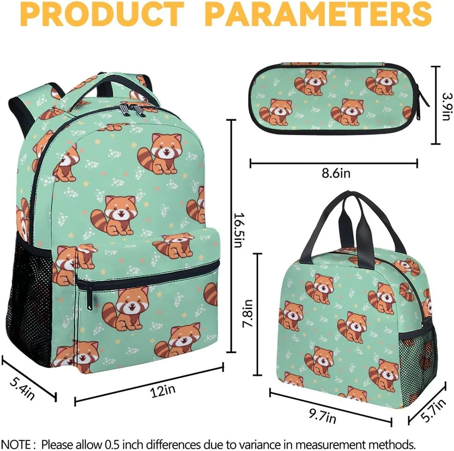Red Panda Backpack with Lunch Box and Pencil Case for Girls Boys, 16 Inch School Bookbag with Adjustable Straps, Travel Bag Durable, Lightweight, Large Capacity