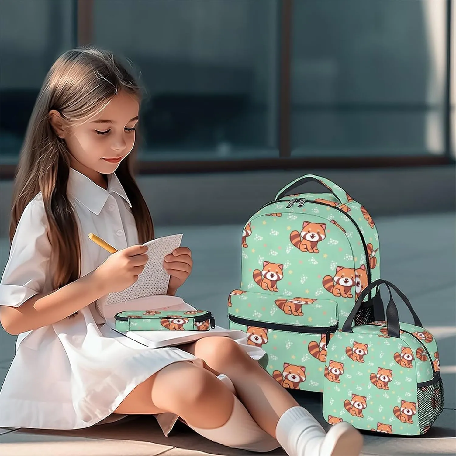 Red Panda Backpack with Lunch Box and Pencil Case for Girls Boys, 16 Inch School Bookbag with Adjustable Straps, Travel Bag Durable, Lightweight, Large Capacity