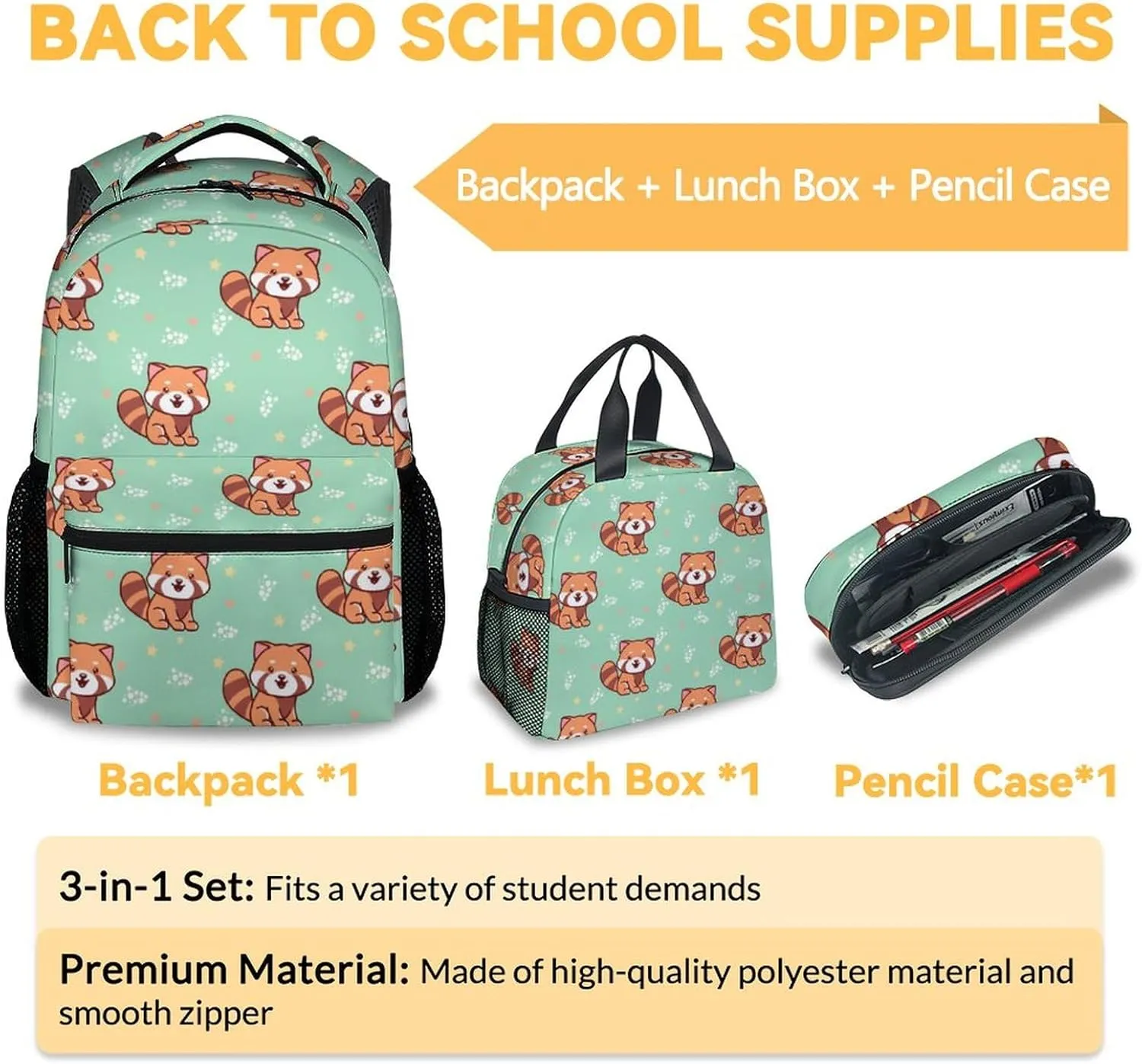 Red Panda Backpack with Lunch Box and Pencil Case for Girls Boys, 16 Inch School Bookbag with Adjustable Straps, Travel Bag Durable, Lightweight, Large Capacity