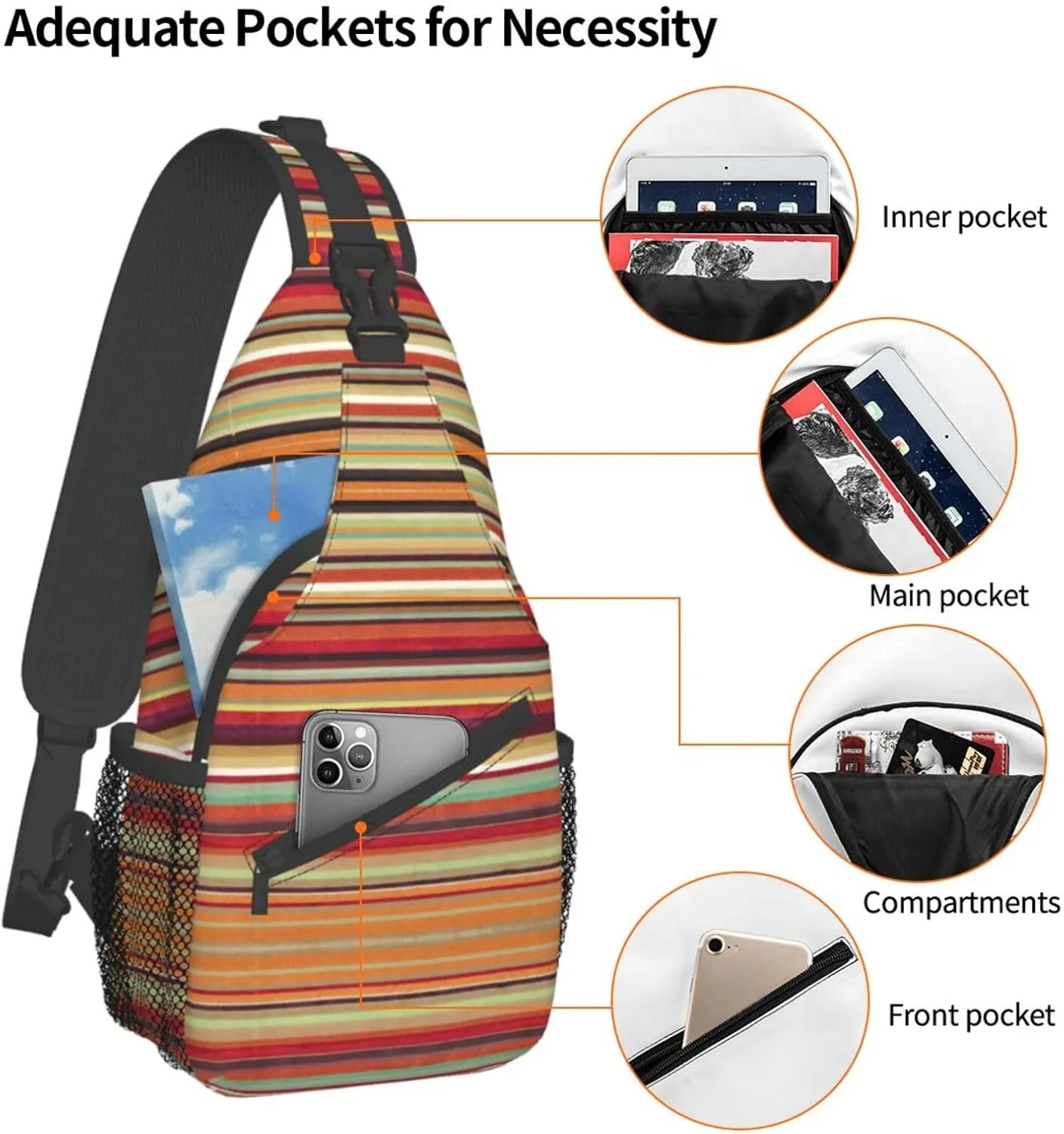 Red Stripe. Printed Canvas Sling Bag Crossbody Backpack, Hiking Daypack Chest Bag For Women Men
