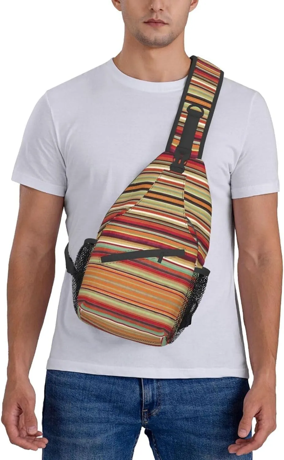 Red Stripe. Printed Canvas Sling Bag Crossbody Backpack, Hiking Daypack Chest Bag For Women Men