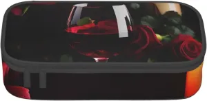 Red Wine Rose and Candle print Large Capacity Storage Bag Travel Office Supplies Box, Makeup Bag, Desk Organizer with