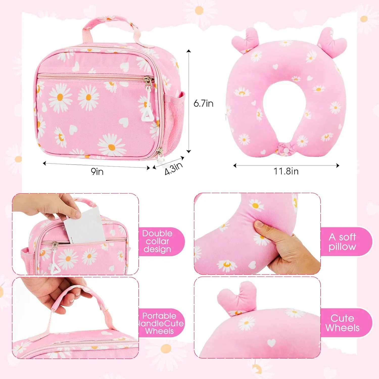 Redbaker 6 Pcs Kids Luggage Set 17 Inch Kids Rolling Luggage Double Pattern Suitcase for Girls Boys Gift(Pink,Daisy Style)
