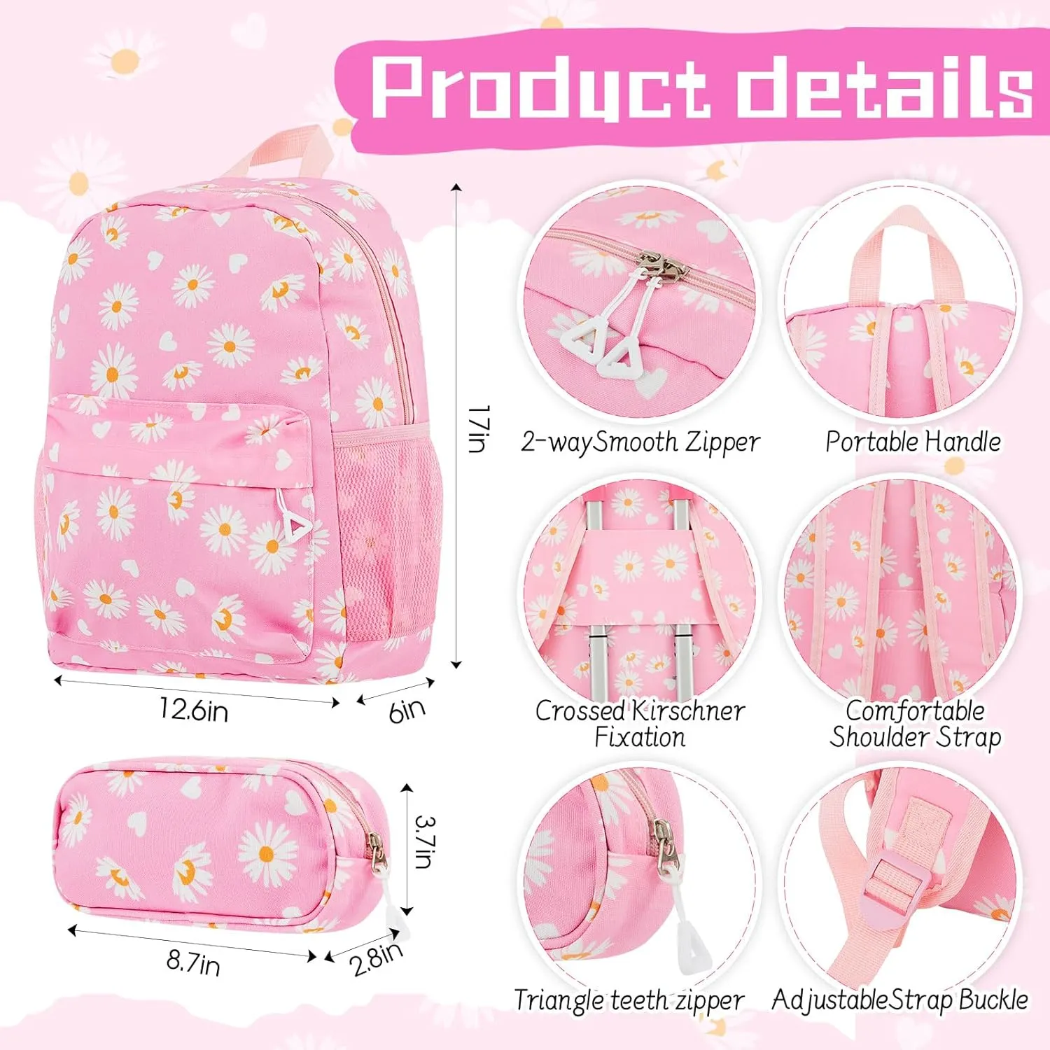 Redbaker 6 Pcs Kids Luggage Set 17 Inch Kids Rolling Luggage Double Pattern Suitcase for Girls Boys Gift(Pink,Daisy Style)