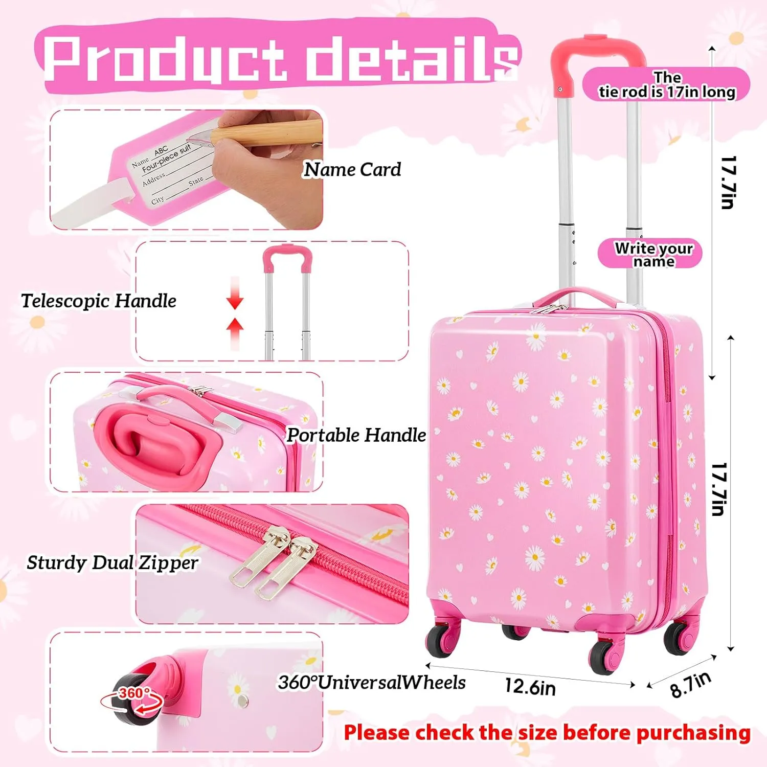 Redbaker 6 Pcs Kids Luggage Set 17 Inch Kids Rolling Luggage Double Pattern Suitcase for Girls Boys Gift(Pink,Daisy Style)