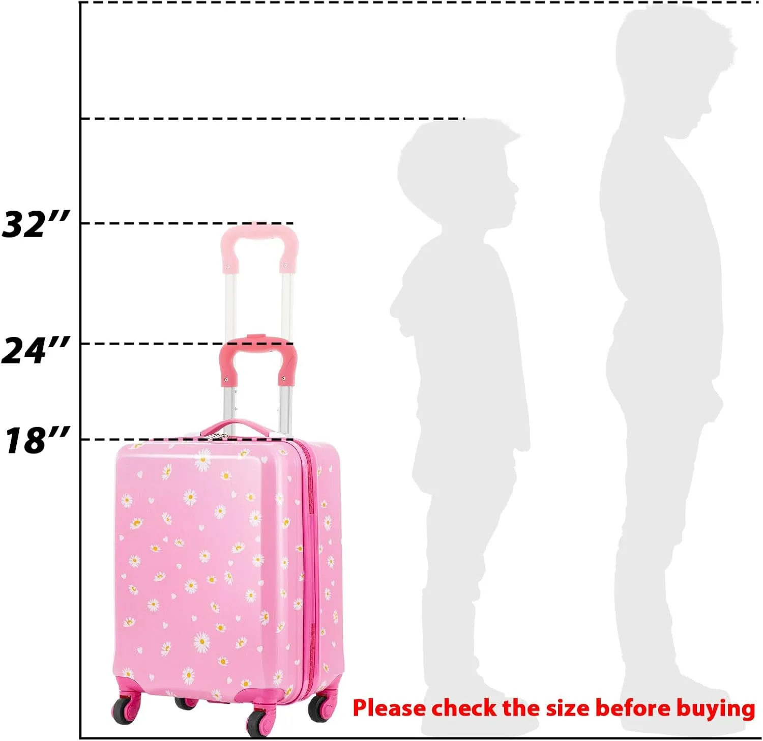 Redbaker 6 Pcs Kids Luggage Set 17 Inch Kids Rolling Luggage Double Pattern Suitcase for Girls Boys Gift(Pink,Daisy Style)