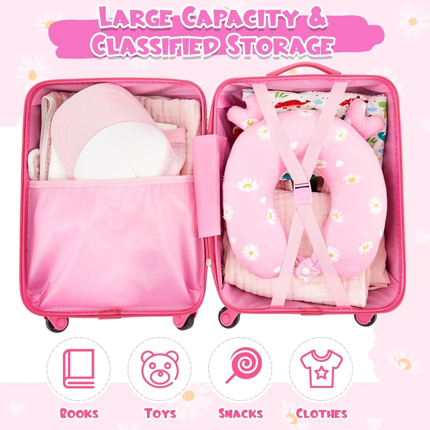 Redbaker 6 Pcs Kids Luggage Set 17 Inch Kids Rolling Luggage Double Pattern Suitcase for Girls Boys Gift(Pink,Daisy Style)