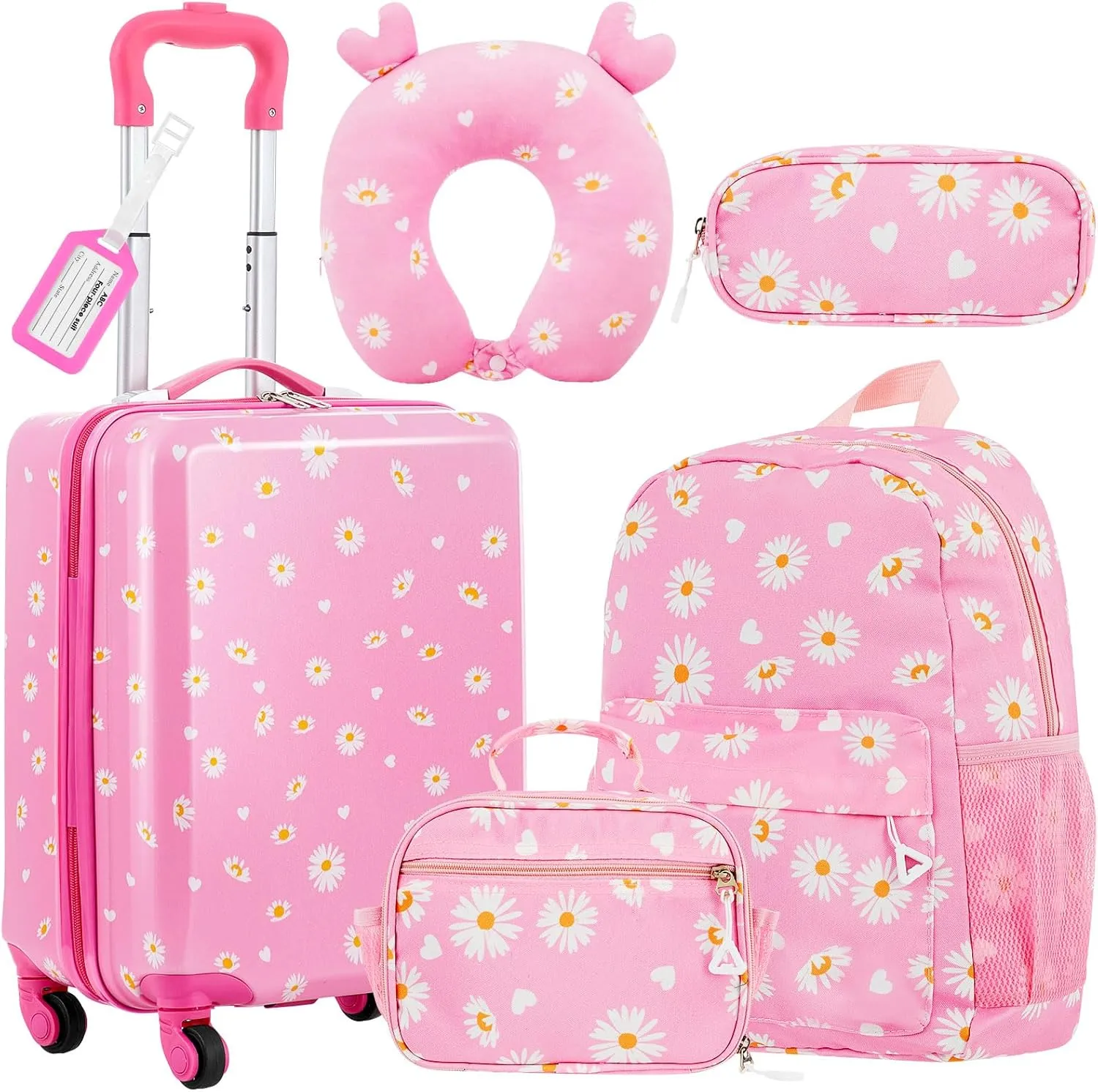 Redbaker 6 Pcs Kids Luggage Set 17 Inch Kids Rolling Luggage Double Pattern Suitcase for Girls Boys Gift(Pink,Daisy Style)