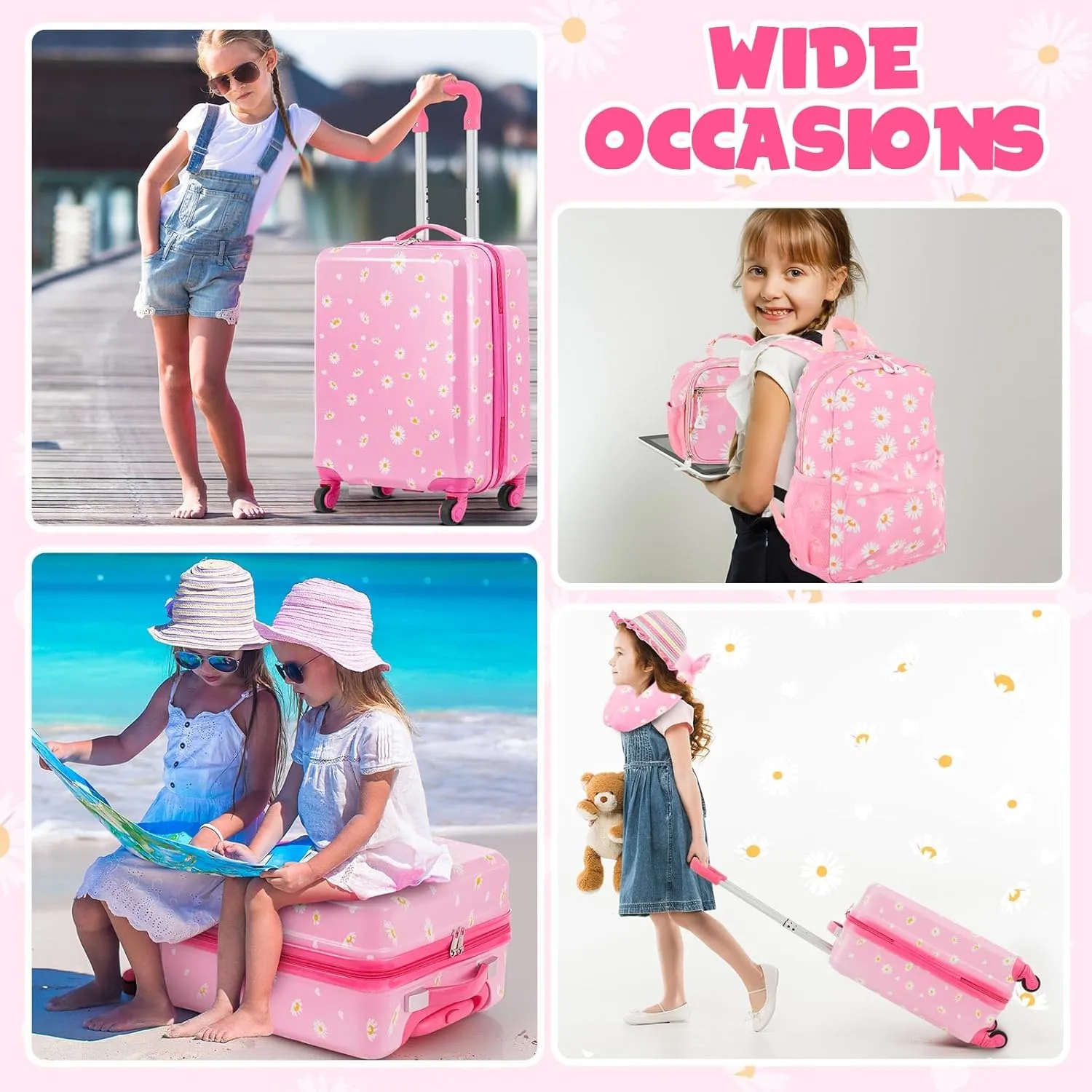 Redbaker 6 Pcs Kids Luggage Set 17 Inch Kids Rolling Luggage Double Pattern Suitcase for Girls Boys Gift(Pink,Daisy Style)