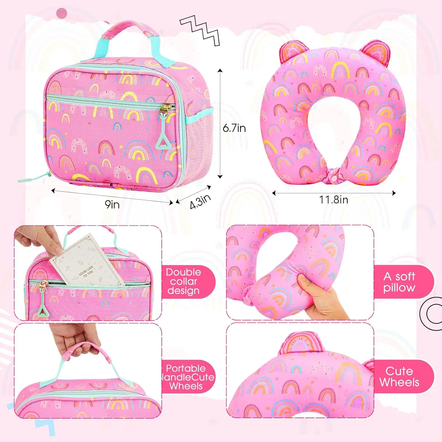 Redbaker 6 Pcs Kids Luggage Set 17 Inch Kids Rolling Luggage Double Pattern Suitcase for Girls Boys Gift(Pink,Rainbow Style)