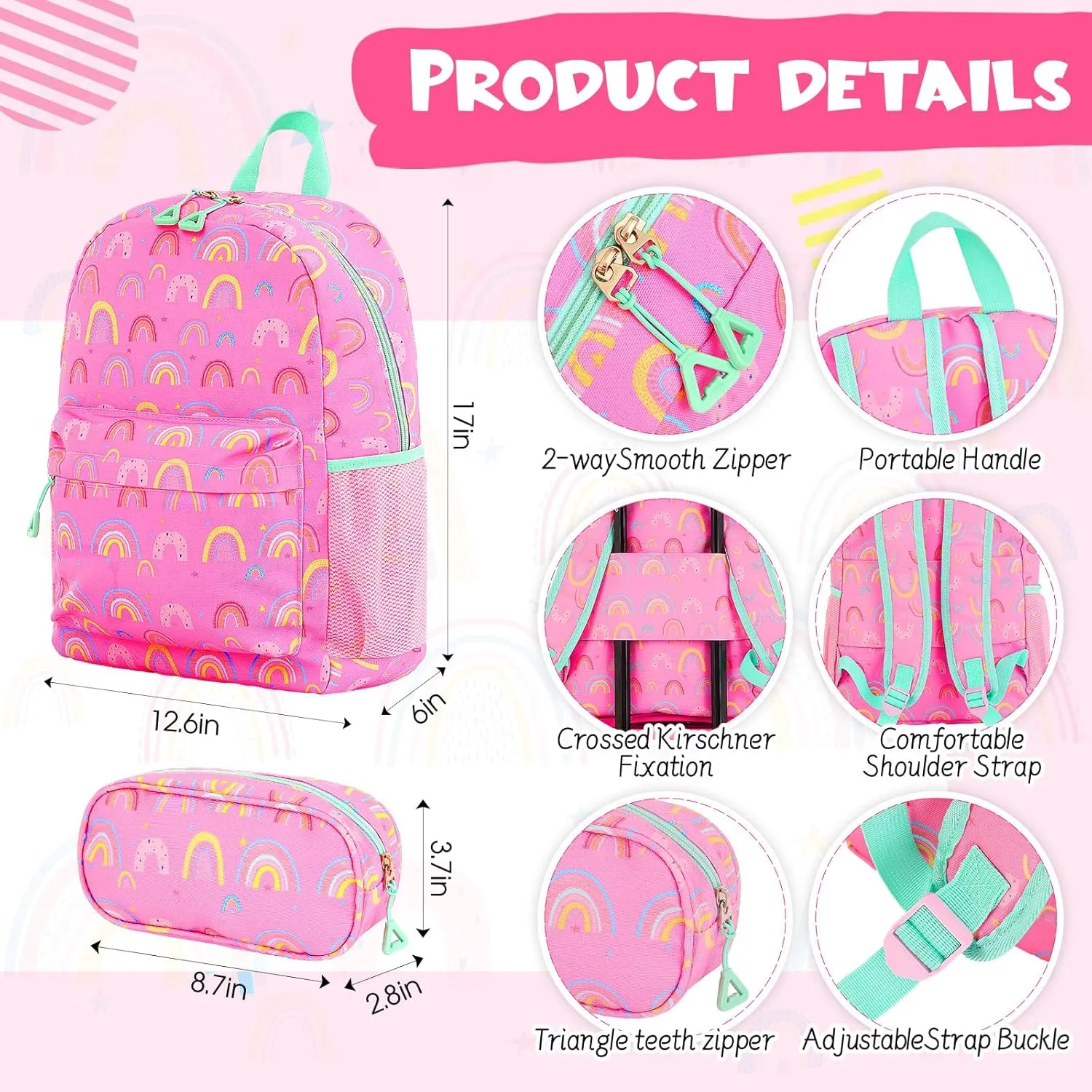 Redbaker 6 Pcs Kids Luggage Set 17 Inch Kids Rolling Luggage Double Pattern Suitcase for Girls Boys Gift(Pink,Rainbow Style)