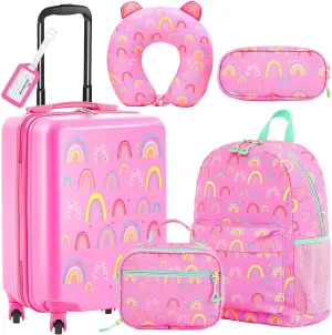 Redbaker 6 Pcs Kids Luggage Set 17 Inch Kids Rolling Luggage Double Pattern Suitcase for Girls Boys Gift(Pink,Rainbow Style)