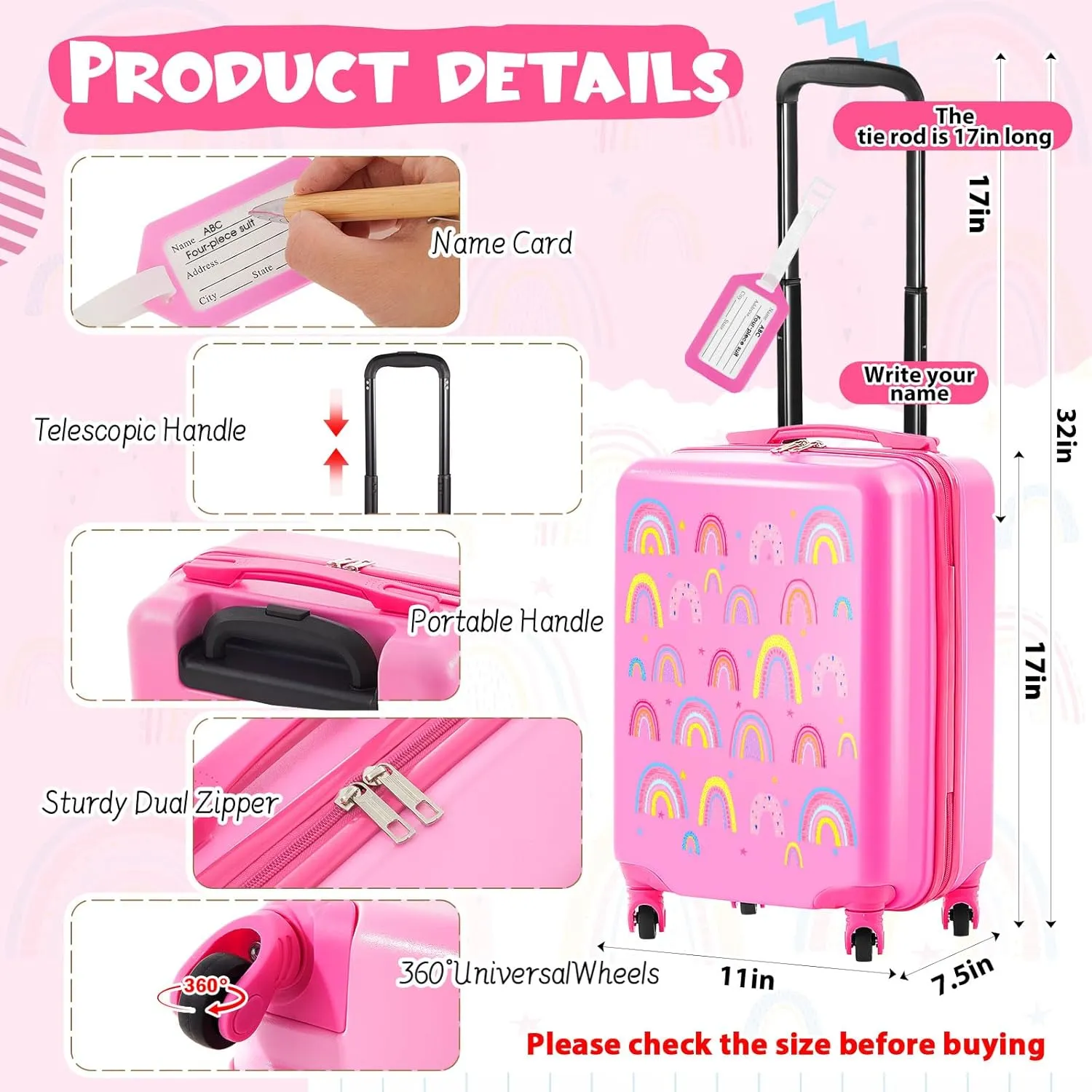 Redbaker 6 Pcs Kids Luggage Set 17 Inch Kids Rolling Luggage Double Pattern Suitcase for Girls Boys Gift(Pink,Rainbow Style)