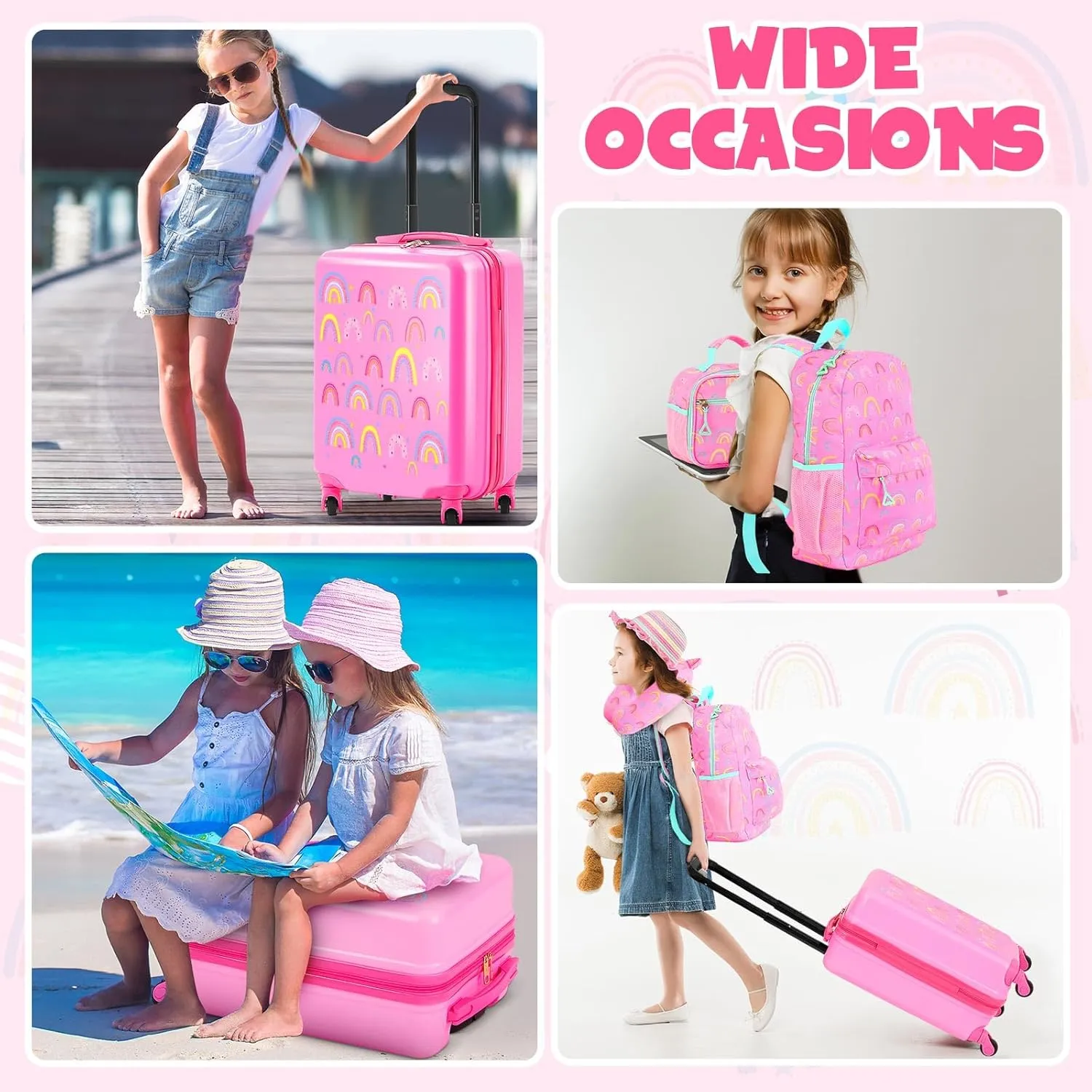Redbaker 6 Pcs Kids Luggage Set 17 Inch Kids Rolling Luggage Double Pattern Suitcase for Girls Boys Gift(Pink,Rainbow Style)