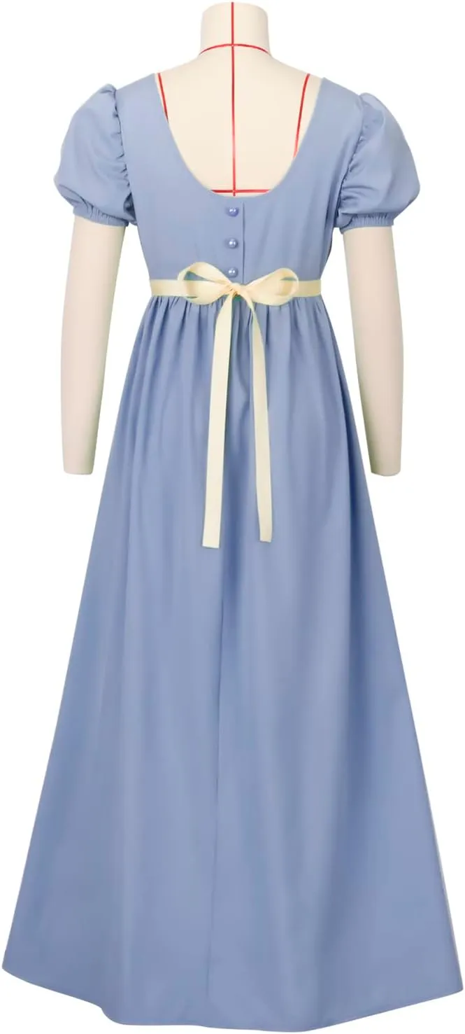 Regency Dresses for Women with Satin Sash Ruffled Puff Sleeve Empire Waist Dress Gown