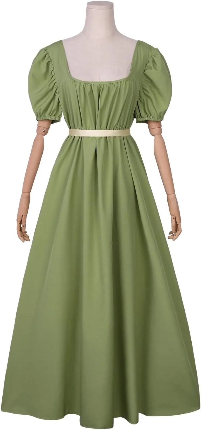 Regency Dresses for Women with Satin Sash Ruffled Puff Sleeve Empire Waist Dress Gown