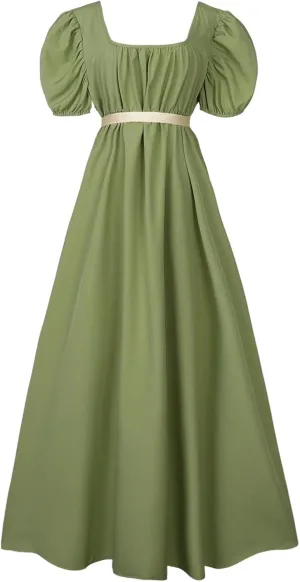 Regency Dresses for Women with Satin Sash Ruffled Puff Sleeve Empire Waist Dress Gown