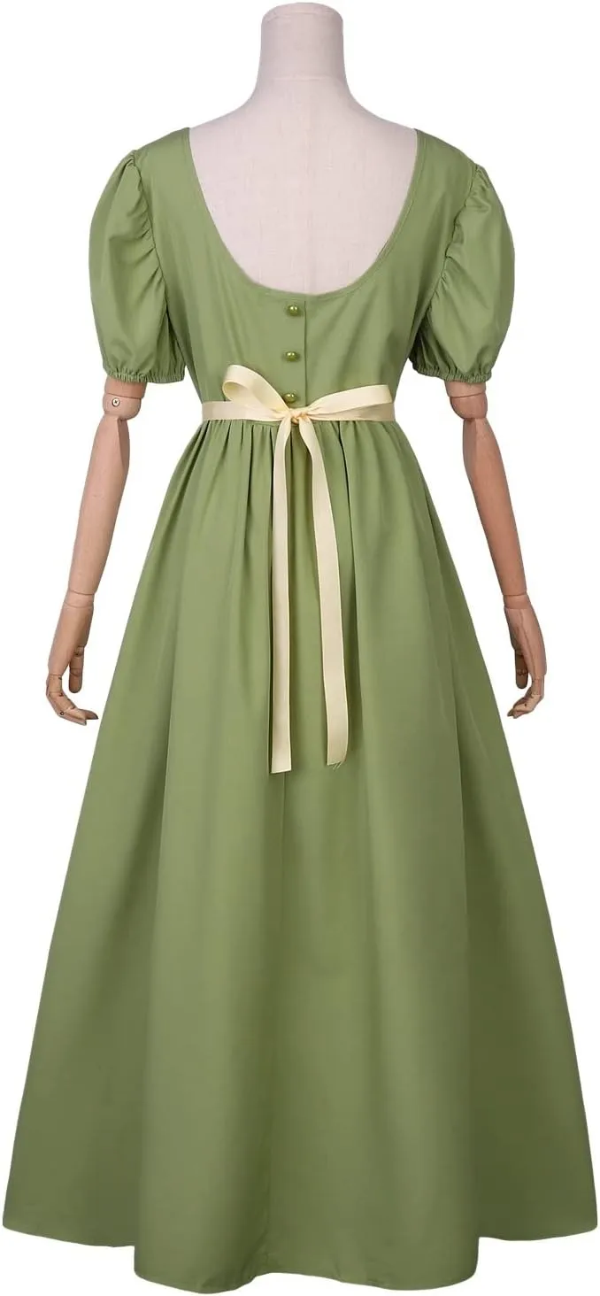 Regency Dresses for Women with Satin Sash Ruffled Puff Sleeve Empire Waist Dress Gown