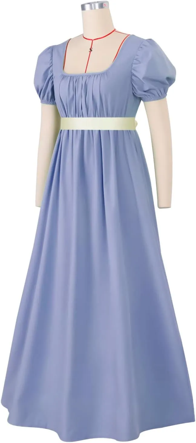 Regency Dresses for Women with Satin Sash Ruffled Puff Sleeve Empire Waist Dress Gown