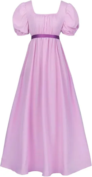 Regency Dresses for Women with Satin Sash Ruffled Puff Sleeve Empire Waist Dress Gown