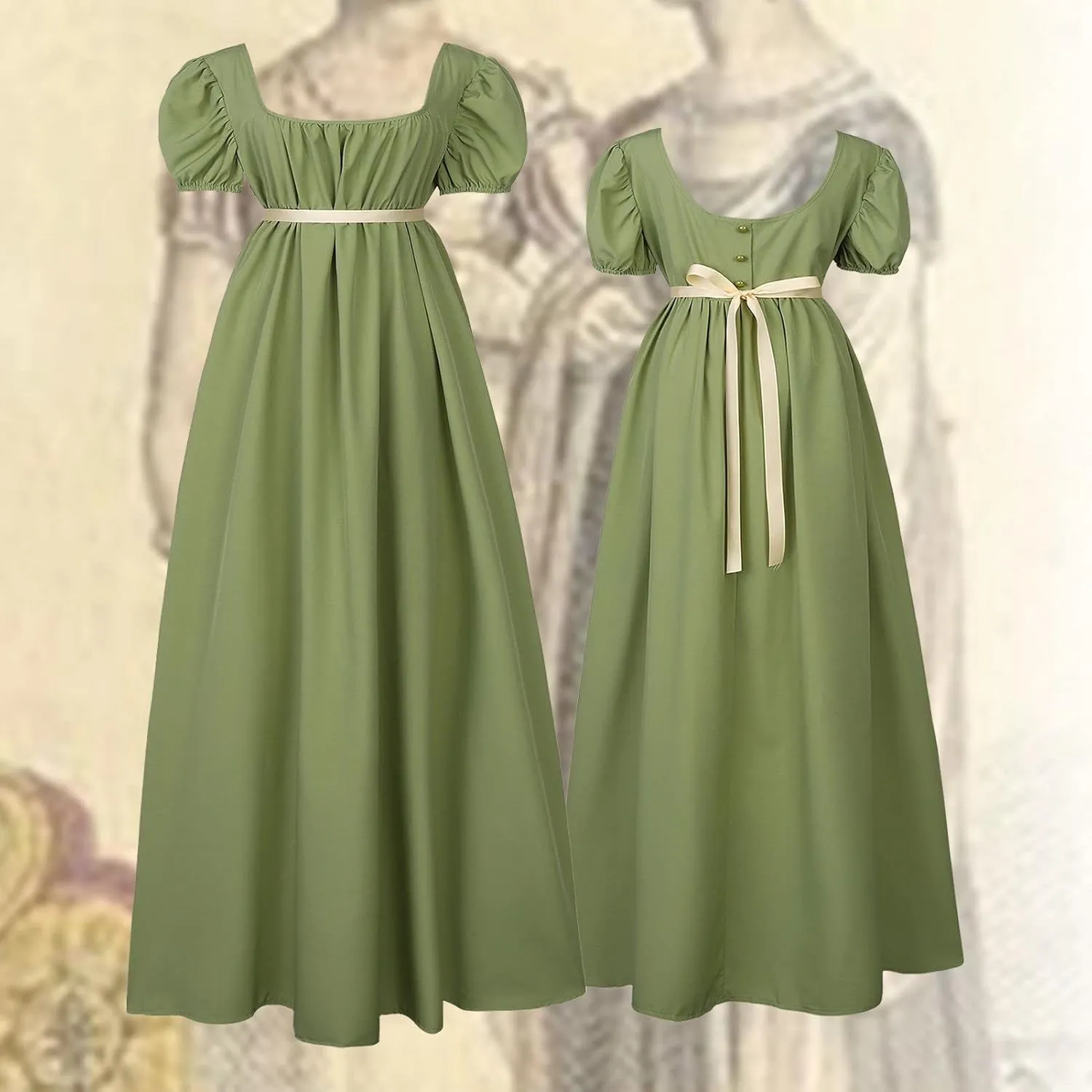 Regency Dresses for Women with Satin Sash Ruffled Puff Sleeve Empire Waist Dress Gown