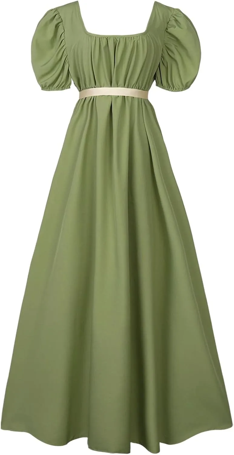 Regency Dresses for Women with Satin Sash Ruffled Puff Sleeve Empire Waist Dress Gown