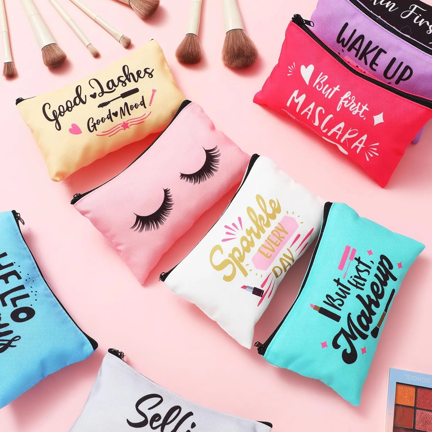 Reginary 20 Pcs Canvas Cosmetic Bag Inspirational Quotes Makeup Bags with Zipper Encouragement Travel Toiletry Pouch Appreciation Gift for Women,7 x 4.3 Inch(Bright Color,Hello Gorgeous)