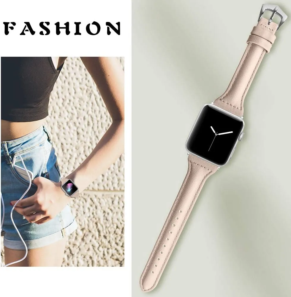 Replacement Bands Compatible Apple Watch 44mm,Thin Genuine Leather Strap Watch Band with Metal Buckle Adjustable 5.5-8.0 inch Compatible for iWatch Series 6/5/4/3/2/1 42MM/44MM - Apricot